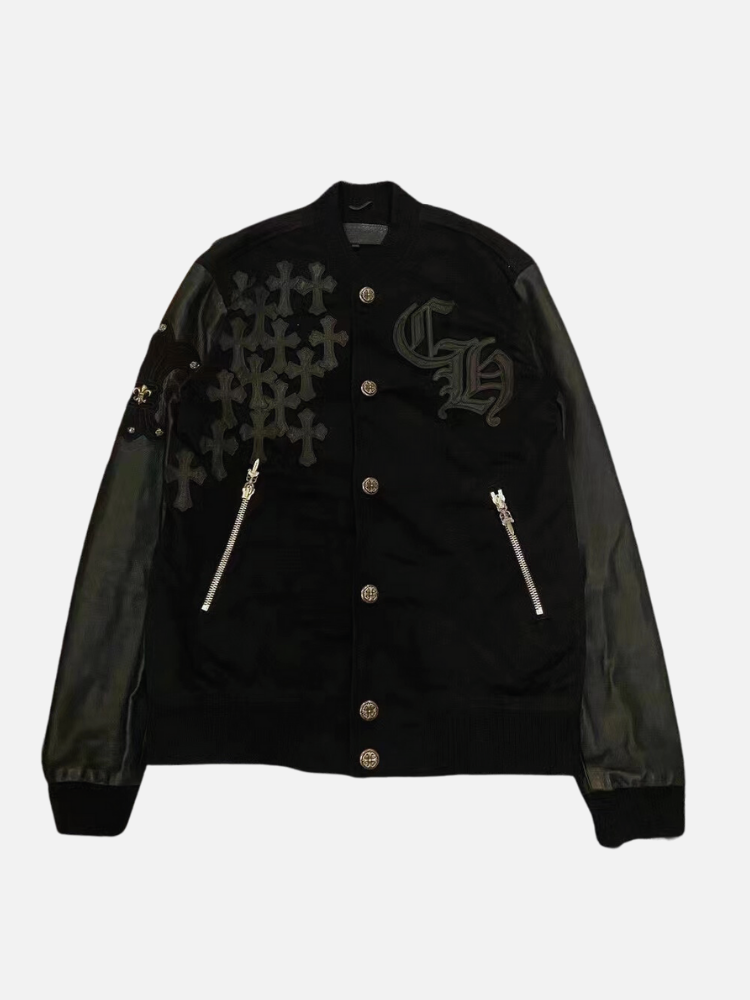 Chrome Hearts Leather Sleeves Baseball Jacket