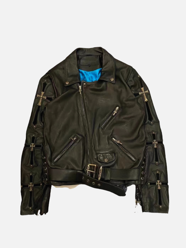 Chrome Hearts Black Leather Asymmetrical Zipper Jacket