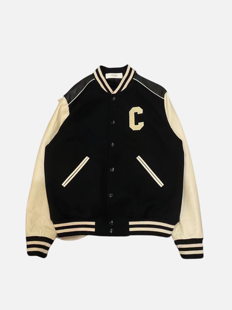 CELINE HOMME Appliquéd Wool-Blend and Leather Bomber Jacket